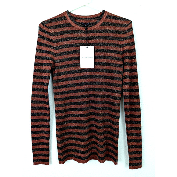 New Who What Wear sz XS Sweater striped metallic black brown stripes ls 0182 - Picture 1 of 6
